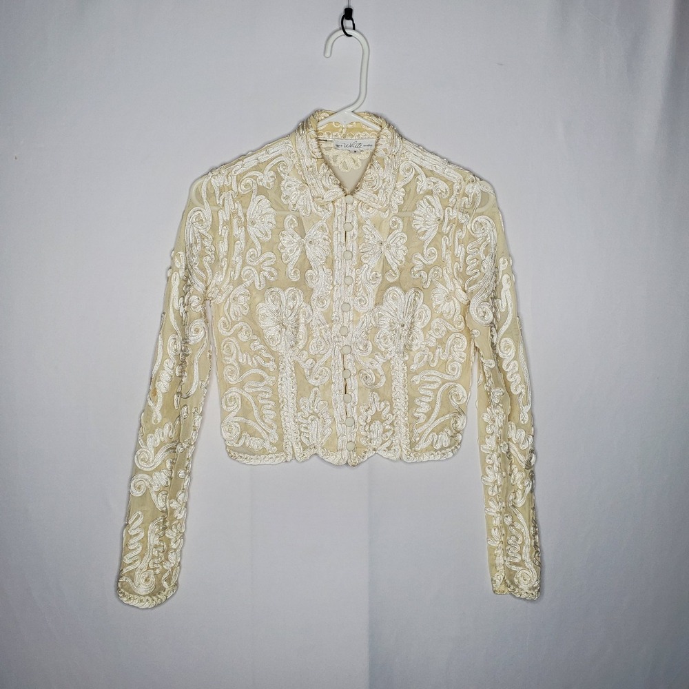 90s The White House Sheer Lace Embroidered Beaded Crop Jacket XS Button Collar